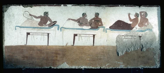 Griechisches Gemälde aus dem Grab des Tauchers, Paestum, 480 v. Chr. Bankettszene. Symposionsszene, Italien